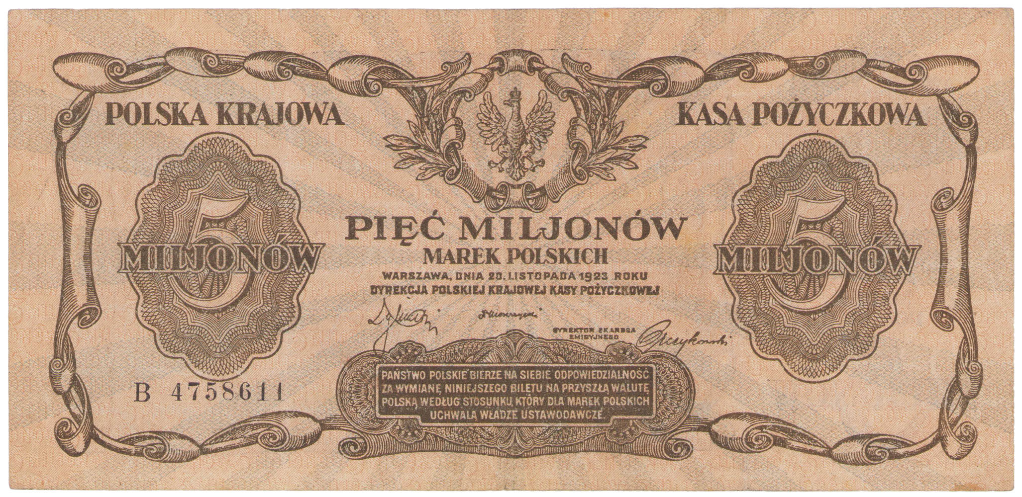 5.000.000 marek polskich 1923 seria B, RZADKOŚĆ R5